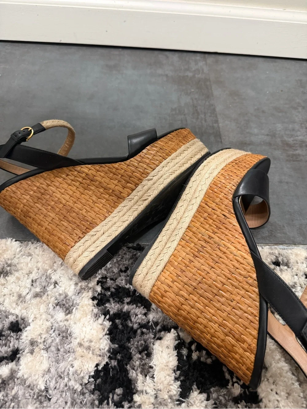 Salvatore Ferragamo Black Leather Espadrilles Wedge Sandal with Rope Ankle Strap